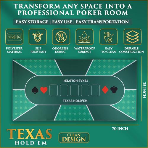 Poker Table Top - Foldable  Texas Hold'em Poker Mat with Non-Slip Backing and Zipper Carrying Bag - Waterproof and Portable Casino Table Topper Card Mat for Home Game Nights Up to 10 Players