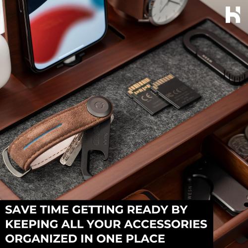 Holme & Hadfield Premium Wooden Phone Docking Station with Drawer – Nightstand Organizer for Charging Phone – Declutter Your Space with Felt-Lined Protection & Watch Pillar - Gift For Men‼️COLOR:BLACK (missing 1 cable gripper) ‼️