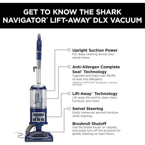 Shark Upright Vacuum, Navigator Lift-Away Deluxe with Large Dust Cup Capacity, HEPA Filter, Swivel Steering, Upholstery Tool & Crevice Tool, Blue, NV360