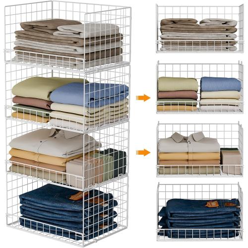 Yociyoga 4-Tier Stackable Closet Organizers and Storage Basket, Foldable Closet Shelf Organizer System, Space-Saving Clothes Storage Drawer Organizer for Wardrobe, White (Patent 30022416)