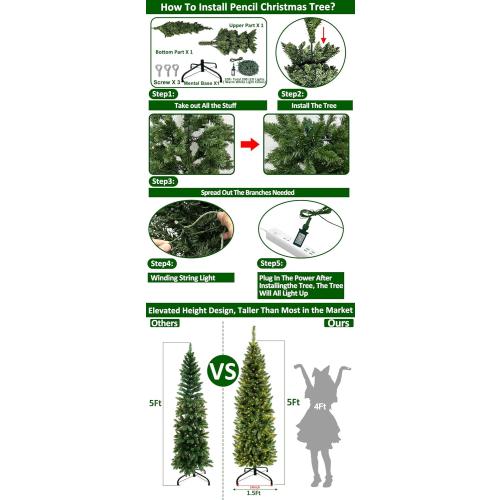 5 Ft Pencil Artificial Christmas Tree with 550 Branch Tips, Spruce Green,180 LED Warm White Lights, Include Metal Stand, UL Plug in, Slim Skinny Xmas Pencil Tree Decor for Holiday Home Indoor Outdoor