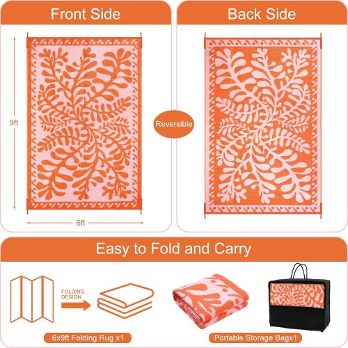 Anidaroel 6'x9' Outdoor Rug for Patio, Reversible Waterproof Patio Rug, Outdoor Plastic Straw Rug Outside Area Rug, RV Mat for Camping, Porch, Balcony, Pool Deck, Backyard (Orange, 6’x9')