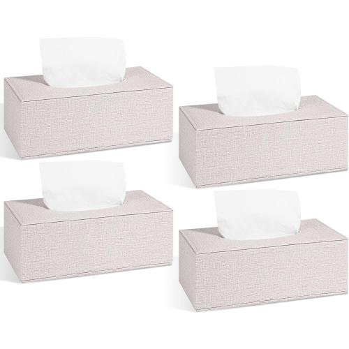 4 Pack Tissue Box Cover Rectangle, Linen Tissue Box with Magnetic Bottom, Napkin Facial Tissues Holder Dispenser, Decorative Tissue Holder for Bathroom Toilet Bedroom Living Room Office, Beige