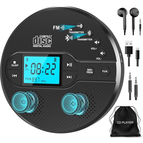 Portable CD Player with Bluetooth, Disman CD Player for Car with FM Transmitter, Rechargeable CD Player Portable with Anti-Skip Protection, Headphones, AUX/USB Supported, LCD Display(Black)