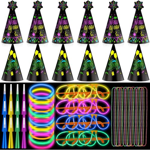 88 Pcs 2026 New Year Eve Party Supplies for 12 Guest Glow in The Dark Party Supplies Neon Hats Necklace Glow Glasses Necklace Fringed Noisemaker Sticks for Happy New Year Eve Neon Decor