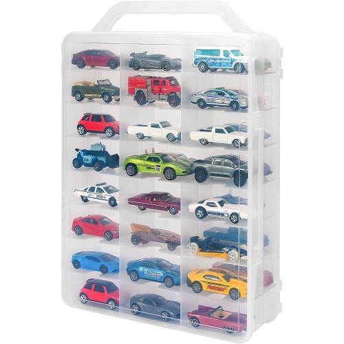 KISLANE Double Sided Storage Case for 48 Toy Cars, Matchbox Cars, Portable Transparent Storage Case with 48 Compartments, Case Only (Transparent)…