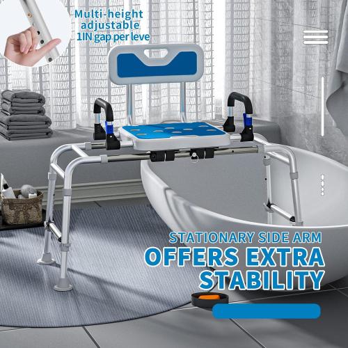 Sliding Shower Chair with Arms and Back, 500lbs Tub Transfer Benches with Non Slip Aluminum Body and Suction Cups Adjustable Height Bath Seats for Seniros Elderly Disabled or Bariatric Adults