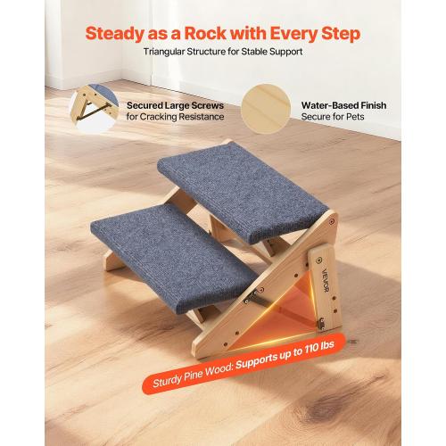 VEVOR Wood Pet Stairs, 2-Step Dog Stairs for Beds, Sofa & Cars, 110lbs Load Capacity, Floded Flat Design, Stable & Sturdy Cat & Dog Step Ladder for Small Medium Large Older Pet Puppy Essentials