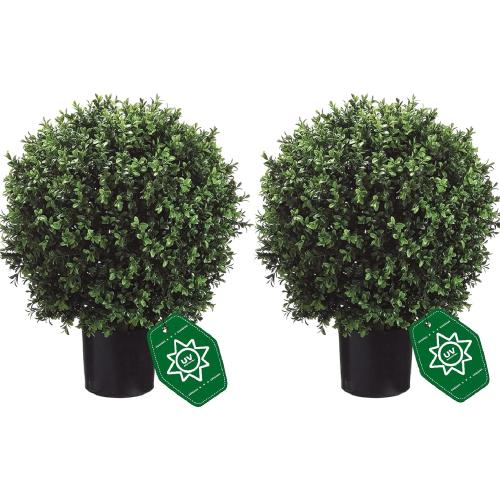 Artificial Boxwood Topiary Trees Set of 2, 26 Tall UV Resistant Real Touch Faux Plants in Pots for Front Porch, Entryway & Patio Decor