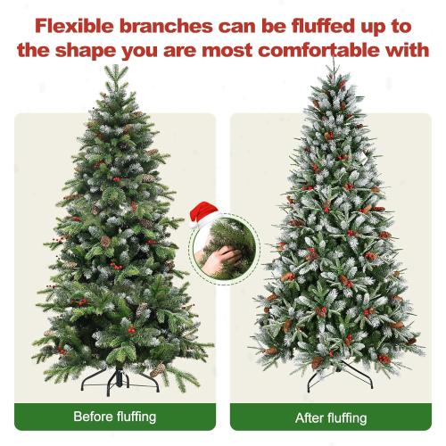 4ft Unlit Christmas Tree Pre-Decorated Snow Flocked with Pine Cones & Red Berries Artificial Xmas Tree for Holiday Office Outdoor Christmas Decoration(Green White)
