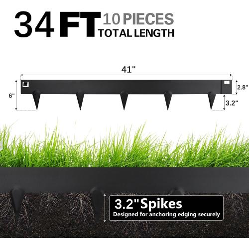 Worth Garden 10-Pack (34Ft Total) Galvanized Steel Landscape Lawn Edging - 6 in. H Bendable Metal Strips - Hammer-in 18-Gauge Flexible Black Edging Border - Yard Pathway Divider - Buckle Connection