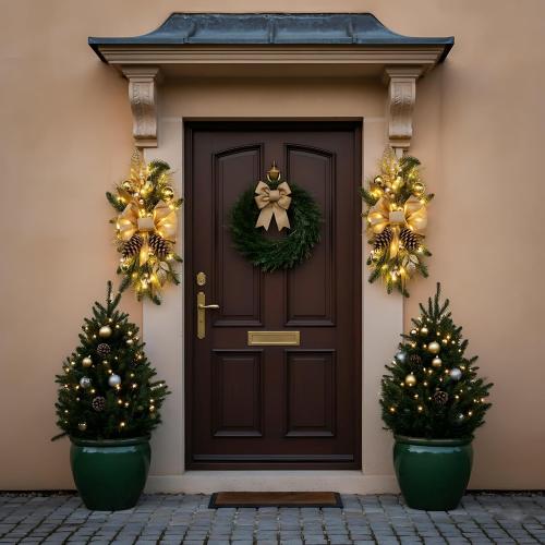 2025 Cordless Christmas Swags Artificial Stairs Christmas Garland with Prelit Teardrop Swag and 30 Lights Rustic Christmas Swag for Front Door Wall Window Stair Home Decor (Gold with Pinecone)