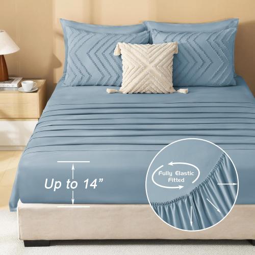 Litanika Grayish Blue King Size Comforter Set with Sheets - 7 Pieces Bed in a Bag King Chevron Tufted Complete Bedding Sets with Comforter, Sheets, Pillowcases & Shams