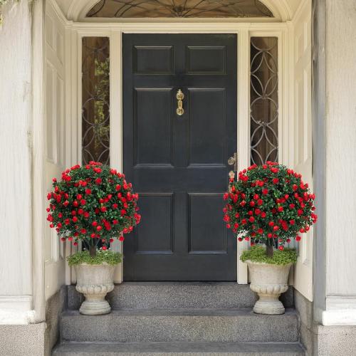 Set of 2 Artificial Boxwood Topiary Ball Trees with Red Flowers for Outdoor with Ground Spike 22, UV Resistant Faux Greenery Shrubs, Fake Plants for Garden, Yard, Porch, Patio Valentine's Day Decor
