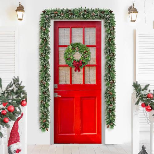 Jin&Bao 9FT Christmas Garland with Lights, 100 LED Prelit Green Pine Garland Christmas Decorations with Timer Function, 3AA Battery Operated Xmas Garland Fireplace Door Stairs Home Outdoor