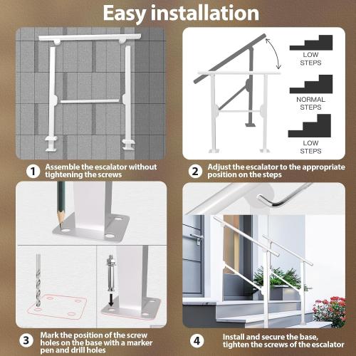 Hand Rails for Outdoor Steps, 2 Step Handrail Outdoor with Installation Kit, Railings for Outdoor Steps, Porch Handrail & Indoor Stair Safety Stair Railing Kit for Deck Gates Porch Concrete