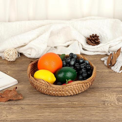 Natural Rattan Tray Wicker Storage Bowls Hand Woven Basket Tray for Bread Fruit Key Round Fruit Baskets for Kitchen Entryway Tabletop Decorative Baskets Bowl