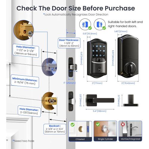 Veise VE027-L Built-in WiFi Smart Lock with Handles, Fingerprint keyless Entry Door Lock Set, App Remote & Voice Control, Electronic Deadbolt for Front Door, Touchscreen Keypad, Auto Lock, Matte Black