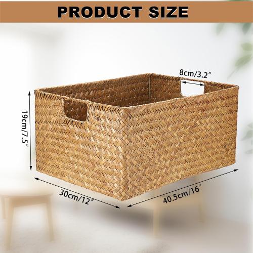 Hipiwe Seagrass Storage Baskets Bin for Shelf,  Handwoven Wicker Baskets Built-in Handles Rectangular Closet Bedroom Organizer Box Multipurpose Pantry Basket,Caramel Color