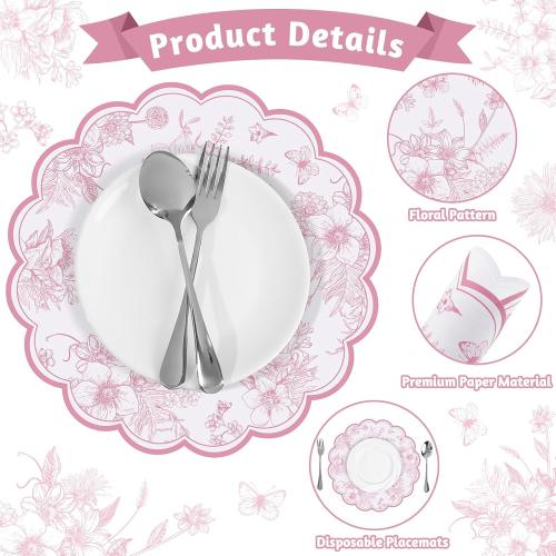60 Pcs Pink Floral Paper Placemat, 13.5 Inch Disposable Scalloped Table Mat