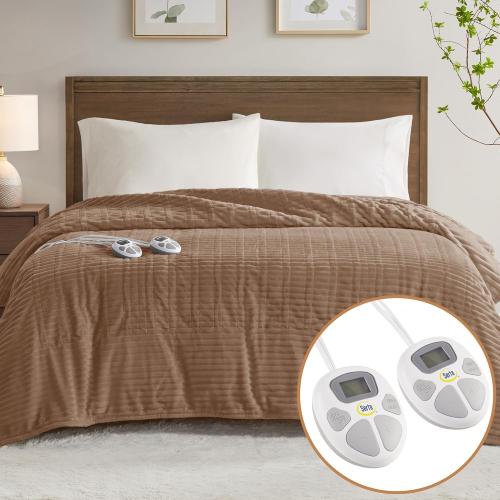 Serta Electric Blanket, Soft, Ribbed, Plush Heating Blanket King for Office, Couch, 1-12 hr Auto Shut Off Timer, 10 Lv Heating, ETL Certified, King 100x90 Chestnut Brown