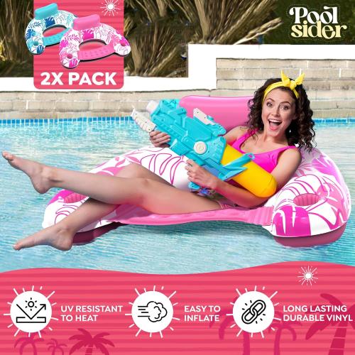 Pool Chair Floats - 2 Pack Floating Pool Chairs for Adults | Inflatable Pool Chair with Cup Holder & Armrest | Swimming Chairs for Adults | Tropical Design (Pink/Blue) Pool Float Chair - Poolsider