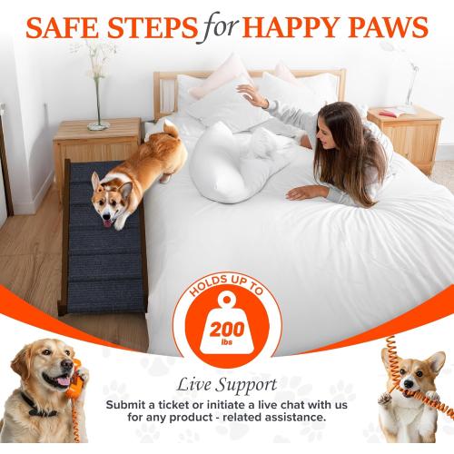 Adjustable Dog Ramp for Bed - Foldable Wooden Ramp for Dogs to Get on Bed, Couch, or Car - Ideal for Small, Medium, and Large Breeds (Walnut Wood with Grey Carpet)