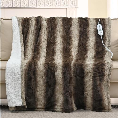 Bearhug Heated Blanket Throw Size 50 x 60 Single Controller, Faux Fur & Sherpa Electric Blanket, 4 Heating Levels & 4H Auto Off, Over-Heat Protect, ETL Certification, Machine Washable-Chocolate