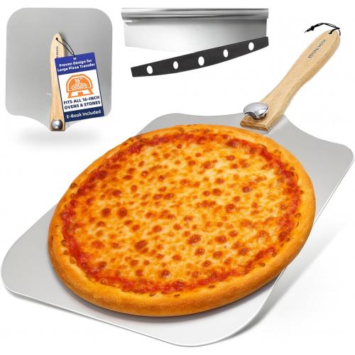 Large Pizza Peel 16 inch - Extra Large Metal Pizza Peel with 14 inch Stainless Steel Pizza Cutter Rocker, Pizza Paddle with Folding Handle (13x16 with 14 Cutter)