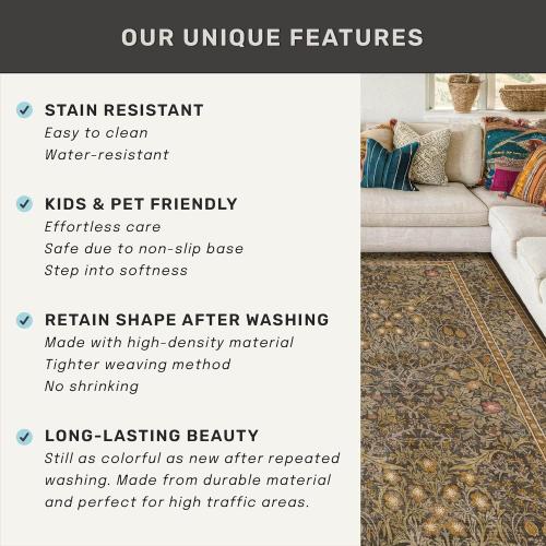 Washable Dining Room Rugs for Under Table - 6x9 Brown Oriental Area Rug for Living Room, Low Pile Non-Slip Floor Carpet for Bedroom Under Bed - Vintage Design & Stain Resistance