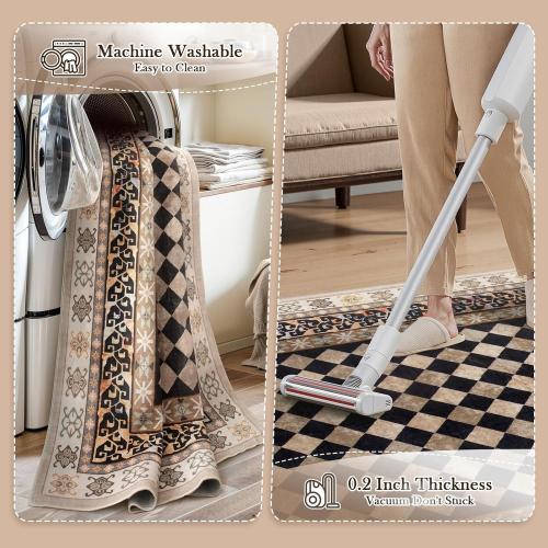 Wonnitar Washable 3x5 Checkered Kitchen Rug, Black and Brown Trellis Rugs for Bedroom, Stain Resistant Non Slip Funky Carpet Throw Rugs for Bathroom Entryway Laundry Living Room Home Decor(Black,3x5)