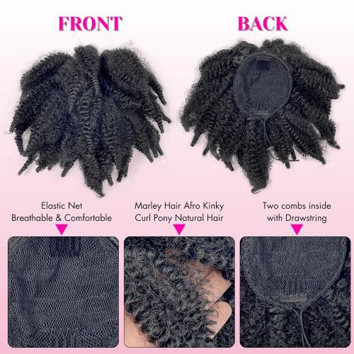 Short Marley Hair Drawstring Ponytail Black 4C Afro Puff Bun Braiding Ponytail Hair with Clips Synthetic Afro Kinky Curl Pony Tail Hairpiece for Black Women - Natural Black 12