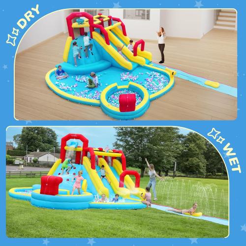 ELEMARA XL Inflatable Water Slides for Kids Backyard,Giant Water park with Long Slip Splash and Slide,Double Slides for Kids and Adults with 750W Blower,Climbing Wall,Deep Pool,Water Canon for Outdoor