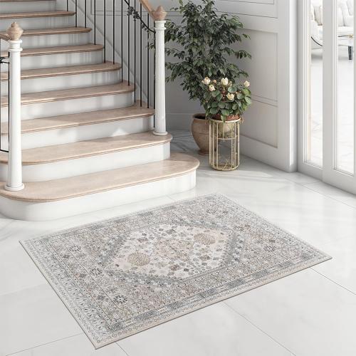 zesthome 10x14 Entryway Rug, Soft Washable Rugs, Non Slip Area Rug, Stain Resistant Low Pile Rugs for Bedroom, Vintage Rug for Door Mat, Kitchen (Beige,10x14)
