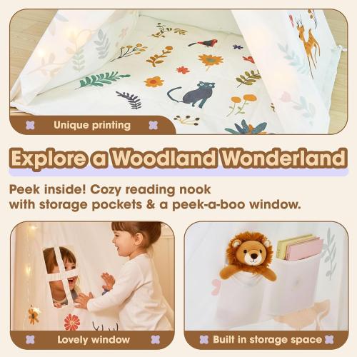 Teepee Tent for Kids with Colorful Flag, Kids Play Tent Indoor with Thicked Mat & Dream Catcher, Toddler Tent with Storage Pockets and Mesh Window for Reading Nook and Imaginative Games