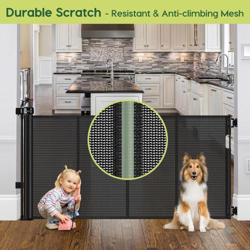 Reinforced 55 Wide Retractable Baby Gates with Reinforced Strips, Indoor/Outdoor Retractable Dog Gate for Doorway Prevent Bottom Drilling Through, No Bottom Bar Safety Mesh Baby Gate for Stair, Black