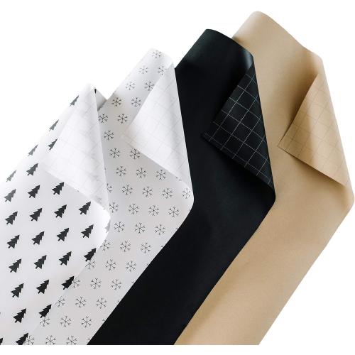Holiday Kraft Wrapping Paper Set (4 Rolls, 120 sq. ft. total) Black, White, Brown, Christmas Trees, Snowflakes with Cutting Grid Lines on Back