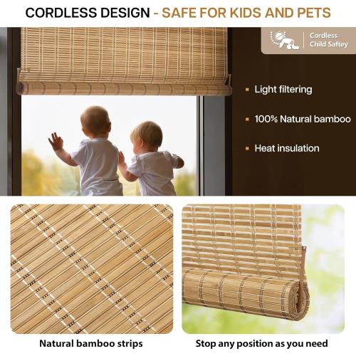 LazBlinds No Tools No Drill Bamboo Roller Shades, Cordless Bamboo Blinds, Light Filtering Roll Up Blinds for Windows, French Door, Porch or Patio Privacy Screen, 12'' W x 40'' H, Brown206
