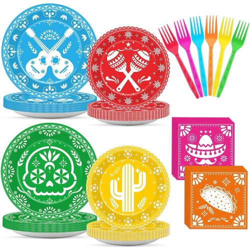 96 Pcs Mexican Fiesta Tableware 5 De Mayo Party Supplies for 24 Guests Mexican Papel Picado Disposable Plates Napkins for Party Decorations Fiesta Taco Carnival Birthday Baby Shower Favors