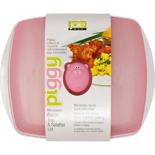 Joie Piggy Microwave Bacon Grooved Cooking Tray with Splatter Lid, Holds 4-5 Strips of Bacon, Easy to Clean, Convenient Kitchen Tool, BPA-Free, Dishwasher Safe