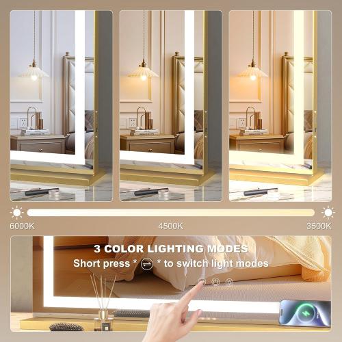 Hasipu Vanity Mirror with Lights, 23 x 18 LED Makeup Mirror, Lighted Makeup Mirror with Dimmable 3 Modes, Touch Screen Control Vanity Mirror Square Gold