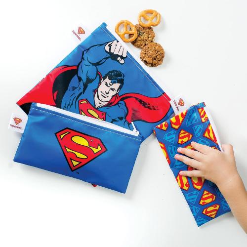 Bumkins Reusable Sandwich and Snack Bags, for Kids School Lunch and for Adults Portion, Washable Fabric, Waterproof Cloth Zip Bag, Travel Pouch, Food-Safe Storage, 3-pk DC Comics Superman