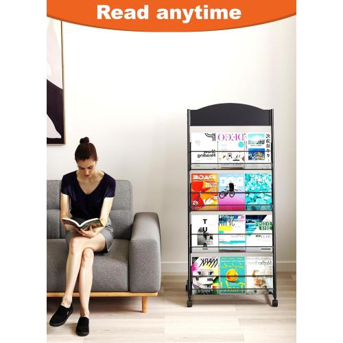 Black Baoz Magazine Rack Floor-Standing 4-Layer, Brochure Display Stand, Detachable Magazine Display with Wheels, High-hardness Metal Magazine Holder for Exhibitions, Office, Shopping Malls