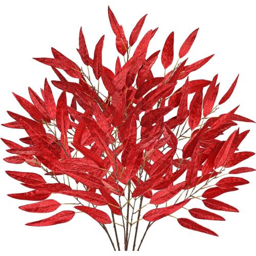 DILATATA 33.5 Red Leaves for Christmas Tree, Glitter Christmas Leaf Stems, Non-Shedding Shiny Sequin Fabric Christmas Picks for Wreath, Centerpiece Decor