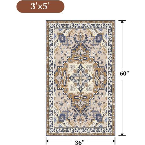 Rugflix 3x5 Area Rug for Living Room, Machine Washable Area Rugs with Non-Slip Backing, Large Soft Boho Vintage Rug for Bedroom, Dining Room, Low Pile Carpet, Kids Pet Friendly, Brown Beige