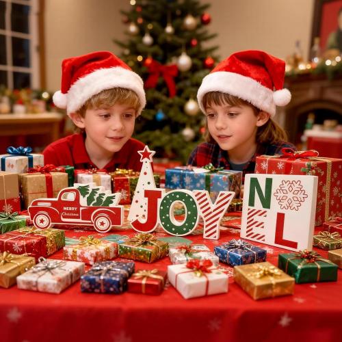 4 Pcs Christmas Table Decorations Indoor Wooden Red Truck Winter Tiered Tray Decor Rustic Merry Christmas Tree NOEL JOY Centerpiece Gift Farmhouse for Home Kitchen Shelf