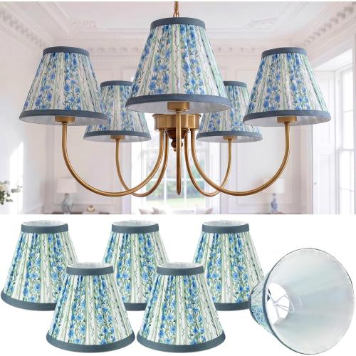 Zhengmy 6 Pcs Pleated Chandelier Lamp Shades, Blue Floral Stripe