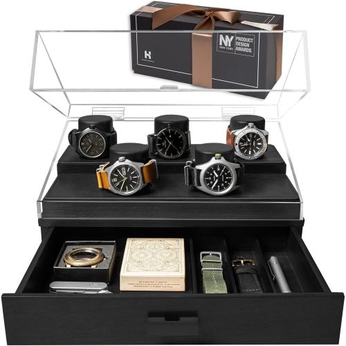 Holme & Hadfield Premium 5-Slot Wooden Watch Display Case – Handcrafted Men’s Watch Box with Accessory Drawer, Hinged Cover, Leather Lining – Birthday Gift for Collectors – Luxury Built to Last