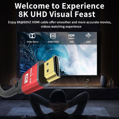 3FT HDMI 2.1 Cable 8K60Hz 4K120Hz, 48Gbps Ultra High Speed HDMI Cable with Gold Plated Connectors, Red Aluminum Housing, for PS5, Xbox Series X, 4K TV, Gaming Monitor, Soundbar, Gaming PC.