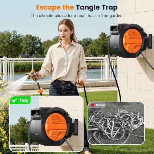 Size 1/2 x 100ft Color Orange Retractable Garden Hose Reel 1/2” x 100ft, Auto Rewind Hose Reels for Outside, Heavy-Duty Wall-Mounted Outdoor Hose, 10-Mode Nozzle, Adjustable Length, 180° Rotation for Watering, Car & Pet Washing